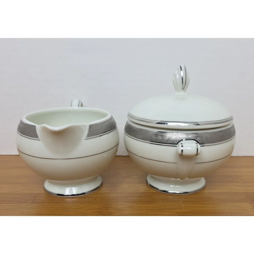 Mikasa Fine China Palatial Platinum Creamer & Sugar Bowl‎ L3235 White & Silver